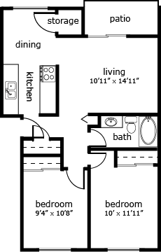 Floor plan for 2 beds, 1 bath, 900 sqft